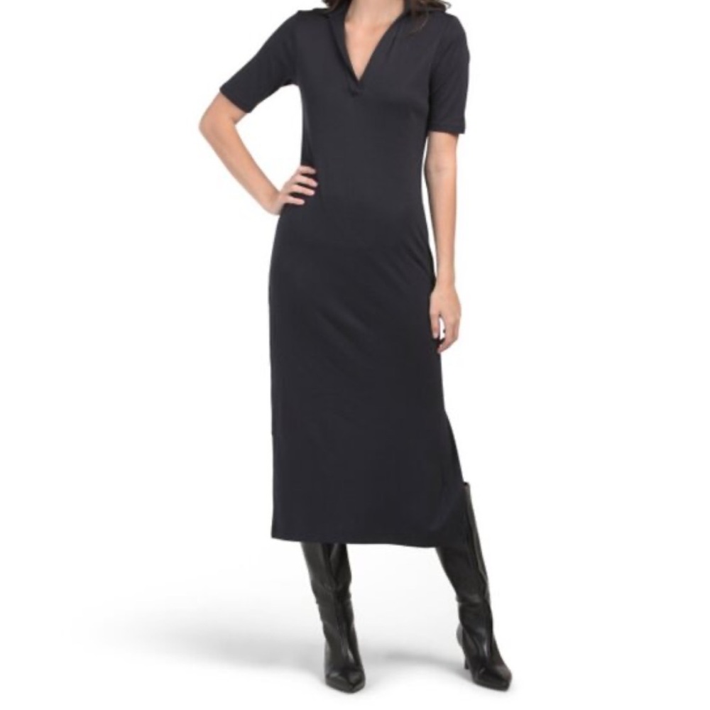 James Perse NWT Ribbed 100% Cotton Short Sleeve Split Vneck Midi Dress US 12